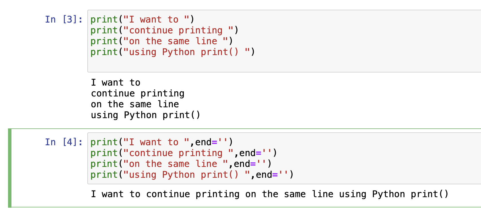 Code Example Python print in same line using print function